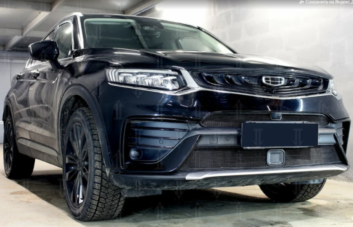 Защита радиатора "Standart" Geely Tugella FY11 (2019-н.в.) верх с камерой, чёрная купить недорого с доставкой в Балахна
